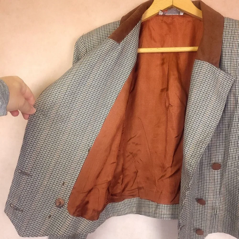 Vintage Marie Claire Houndstooth Two Button Cropped Blazer Suit Jacket Brown